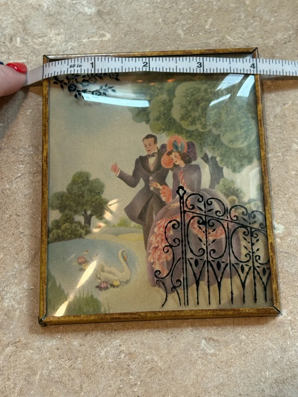 Vintage Pair Reverse Painted Bubble Glass Victorian Couple Brass Wall Pictures